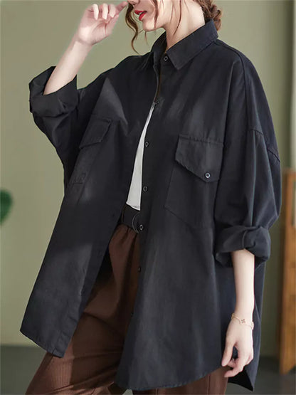 Plus Size Pockets Solid Color Long Shirt for Women