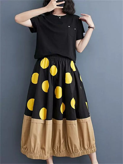 Locker geschnittener, einzigartiger gelber Patchwork-Blasenrock mit Polka-Dot-Print