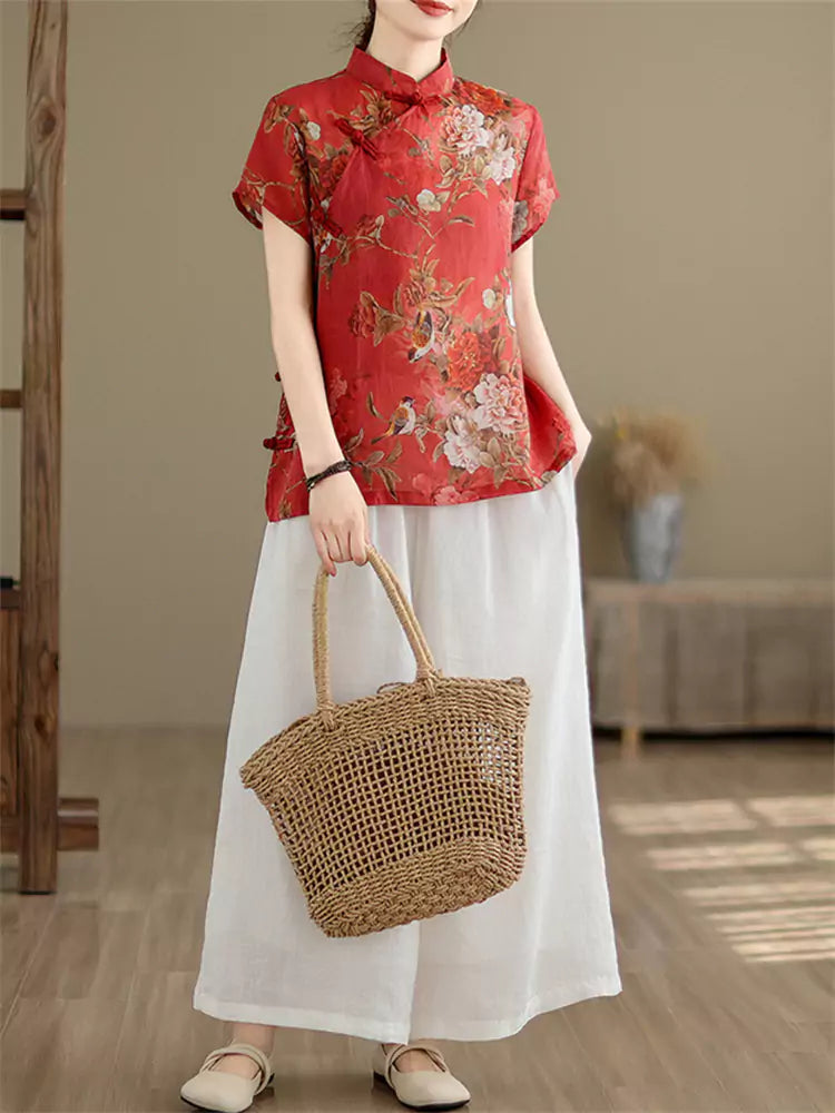 Neue Bluse im chinesischen Stil aus rotem Brokatleinen mit Stehkragen und Froschknöpfen
