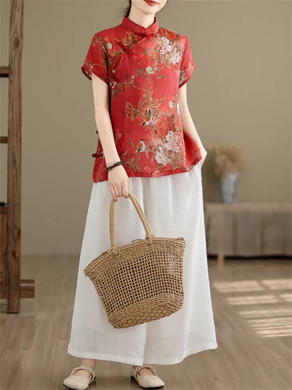 Neue Bluse im chinesischen Stil aus rotem Brokatleinen mit Stehkragen und Froschknöpfen