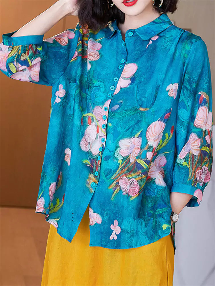 Plus Size High End Blue Floral Print Ramie Shirt for Women 3/4 Sleeve