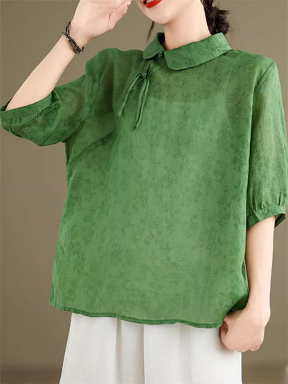 Elegantes Ramie-Hemd im chinesischen Stil für Damen, halblang, mit halben Ärmeln