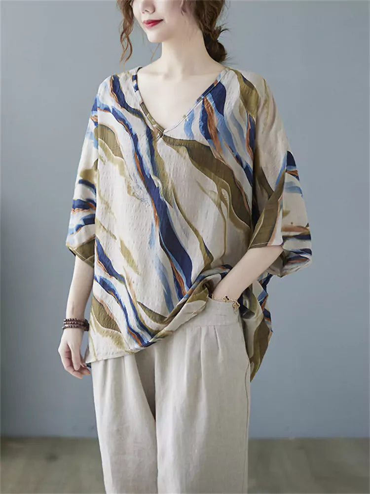 Vintage Floral Print V-Neck Loose Fit Cotton Linen Blouse for Women