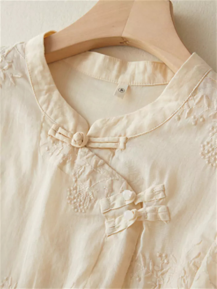 Zen Style Embroidered Cotton Linen Shirt with Knot Buttons (Summer 3/4 Sleeve)