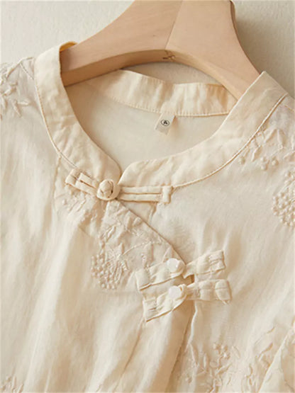 Hemd aus Baumwoll-Leinen-Mischgewebe im Zen-Stil mit Stickerei und Knotenknöpfen (Sommer 3/4-Ärmel)