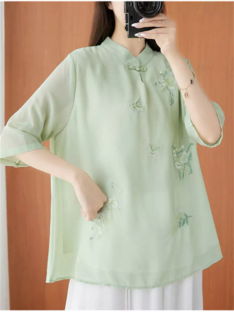 Embroidered Mandarin Collar Casual Tang-Inspired Blouse for Women