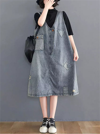 Vintage Loose Fit V-Neck Patchwork Washed Denim Vest Dress for Women