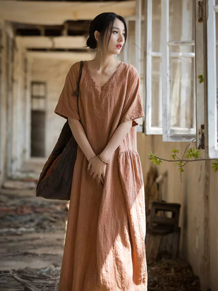 Neues handgefärbtes Maxikleid aus Ramie im chinesischen Stil mit V-Ausschnitt für Damen