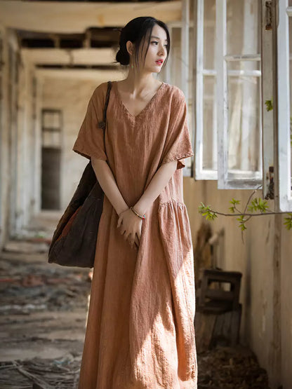 Neues handgefärbtes Maxikleid aus Ramie im chinesischen Stil mit V-Ausschnitt für Damen