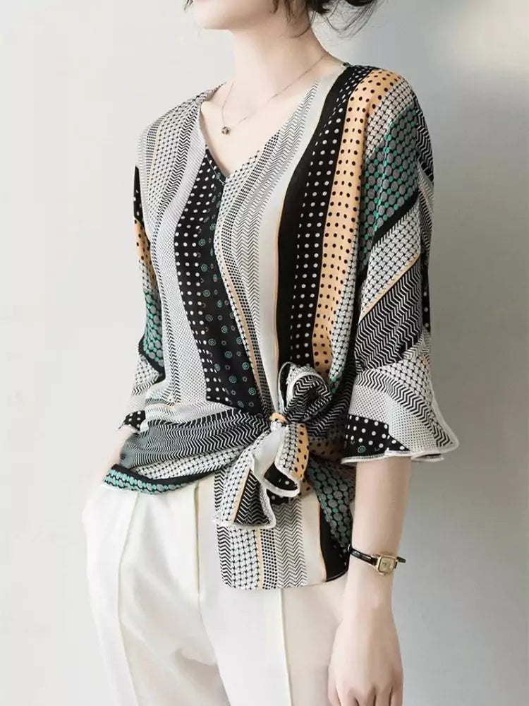 Stylish Asymmetric Tie Waist V-Neck Chiffon Blouse for Women