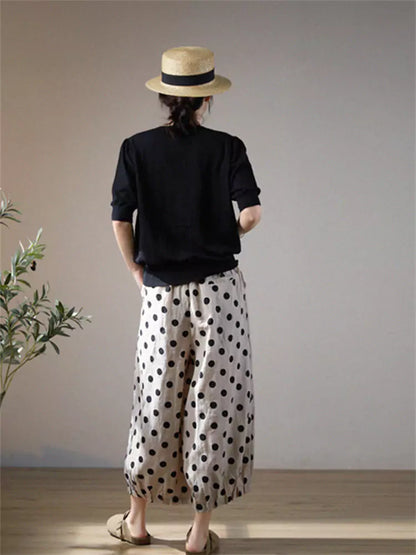 Pantalones casuales de lino y algodón con lunares y pierna ancha para mujer, talla grande