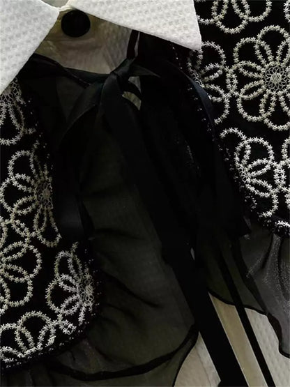 Süßes, besticktes Rüschenblusen-Set mit Bindecape für Damen – zweiteiliger Look