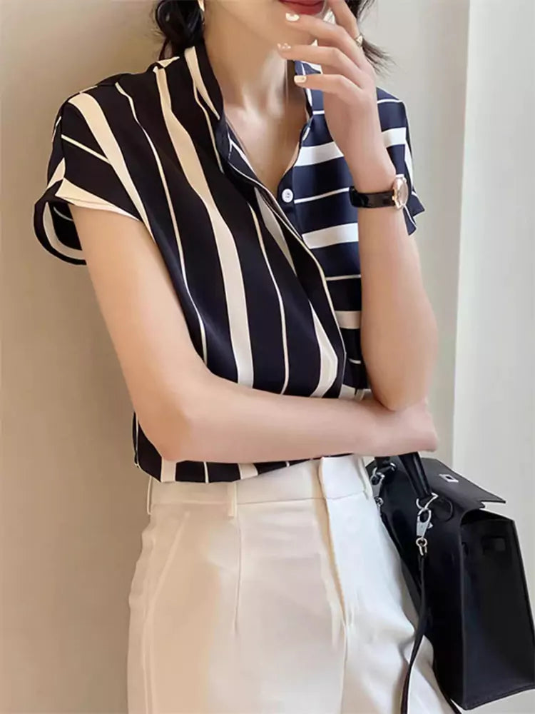 French Style Striped Chiffon Short Sleeve Stand Collar Blouse for Women