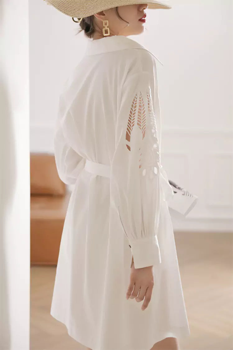 Exquisite Handcrafted White Hollow-Out Shirt Dress for Women