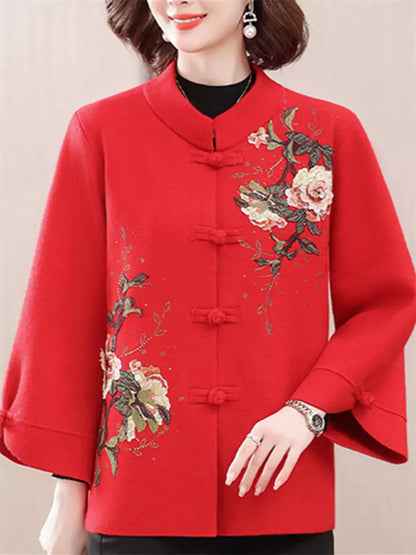 Kaschmirmantel im chinesischen Stil mit Blumenstickerei in Übergröße für Damen