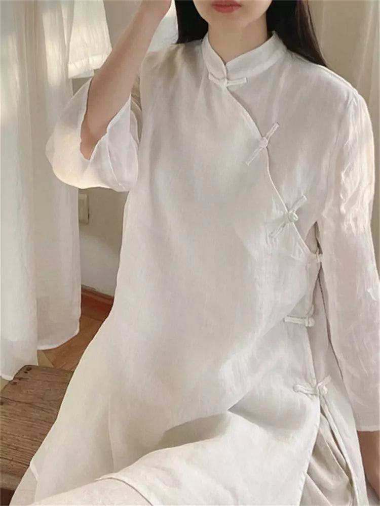 New Chinese Style Diagonal Placket Linen Blouse for Women