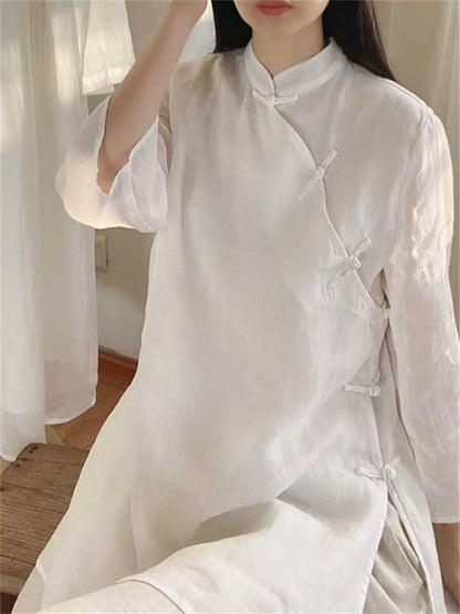 Nueva blusa de lino con tapeta diagonal de estilo chino para mujer