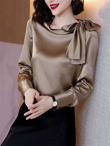 Elegante langärmlige Bluse mit Satinschleife für Damen