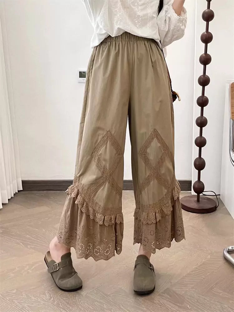Pantalones de campana de cintura alta con capas y ribete de encaje bordado estilo Sweet Mori para mujer