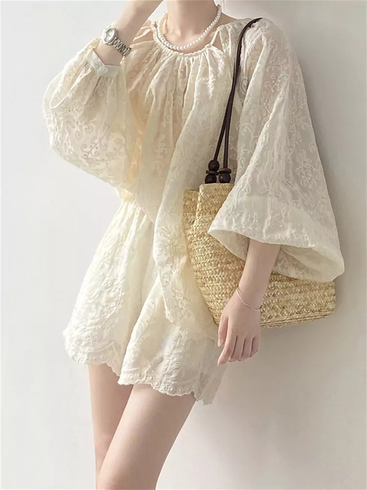 French Style Embroidered White Lace Two-Piece Set for Women