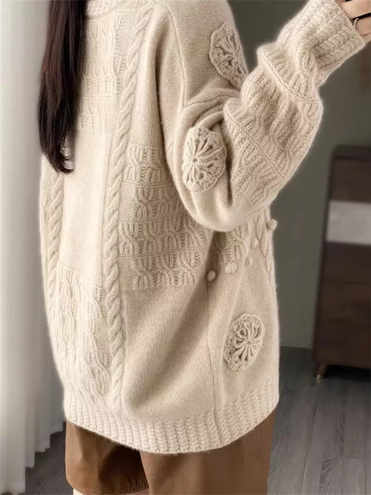Vintage Round Neck Pullover Wool Sweater for Women with 3D Floral Embroidery