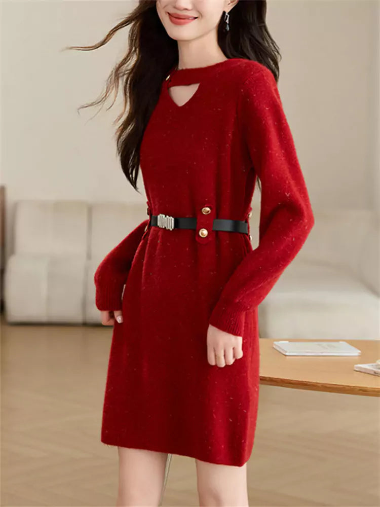 Women’s Red Hollow Knit Sweater Dress – Mid-Length Pullover for Autumn Winter