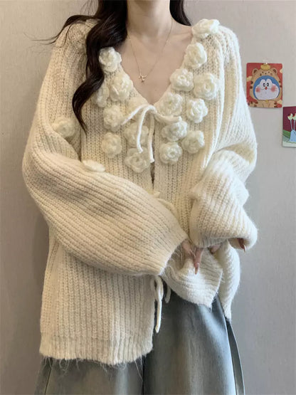 Cárdigan de punto con cuello en V y estampado floral 3D rosa para mujer