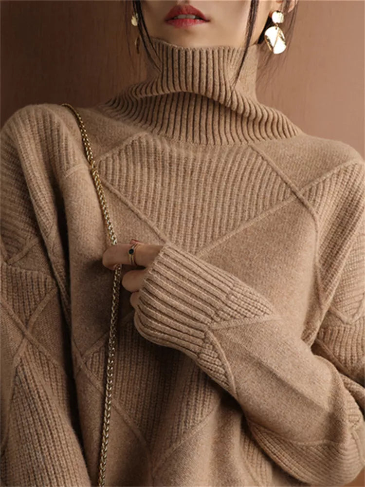 Women’s High-Neck Diamond Knit Pullover Sweater