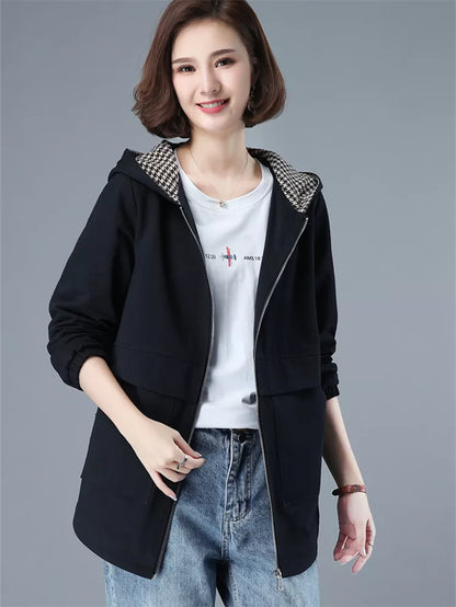 Grüner Baumwoll-Trenchcoat mit Kapuze für Damen