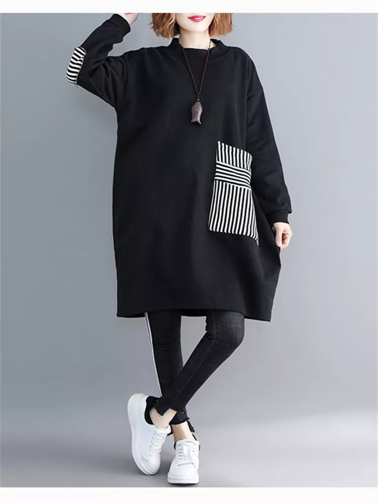Vestido tipo sudadera holgado negro para mujer con bolsillos grandes