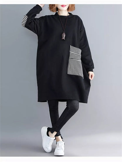 Vestido tipo sudadera holgado negro para mujer con bolsillos grandes