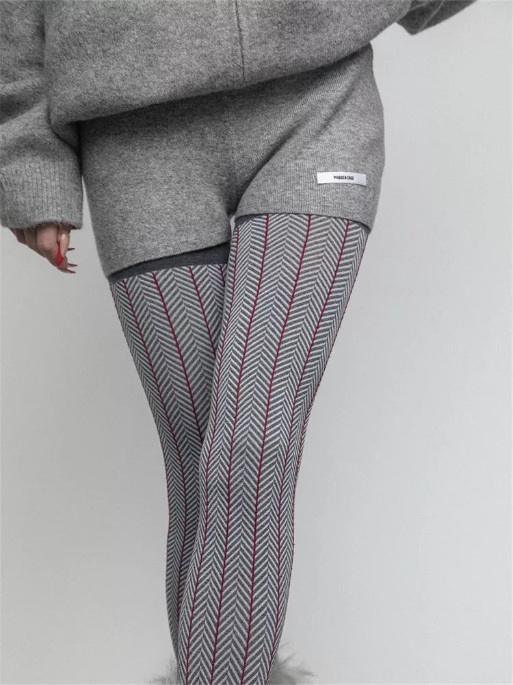 Strumpfhose aus Baumwollstrick mit Fischgrätmuster für Damen, Herbst/Winter