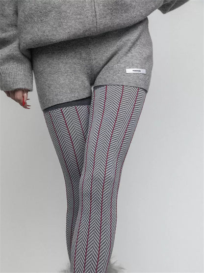 Strumpfhose aus Baumwollstrick mit Fischgrätmuster für Damen, Herbst/Winter