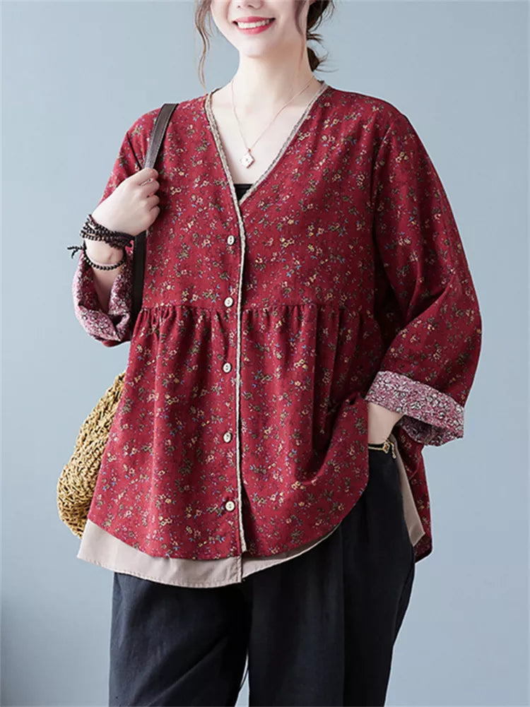 Zweilagige Patchwork-Bluse mit V-Ausschnitt aus Baumwoll-Leinen-Mischgewebe in Übergröße für Damen