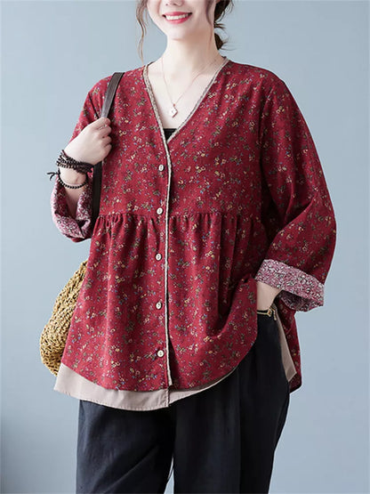 Zweilagige Patchwork-Bluse mit V-Ausschnitt aus Baumwoll-Leinen-Mischgewebe in Übergröße für Damen
