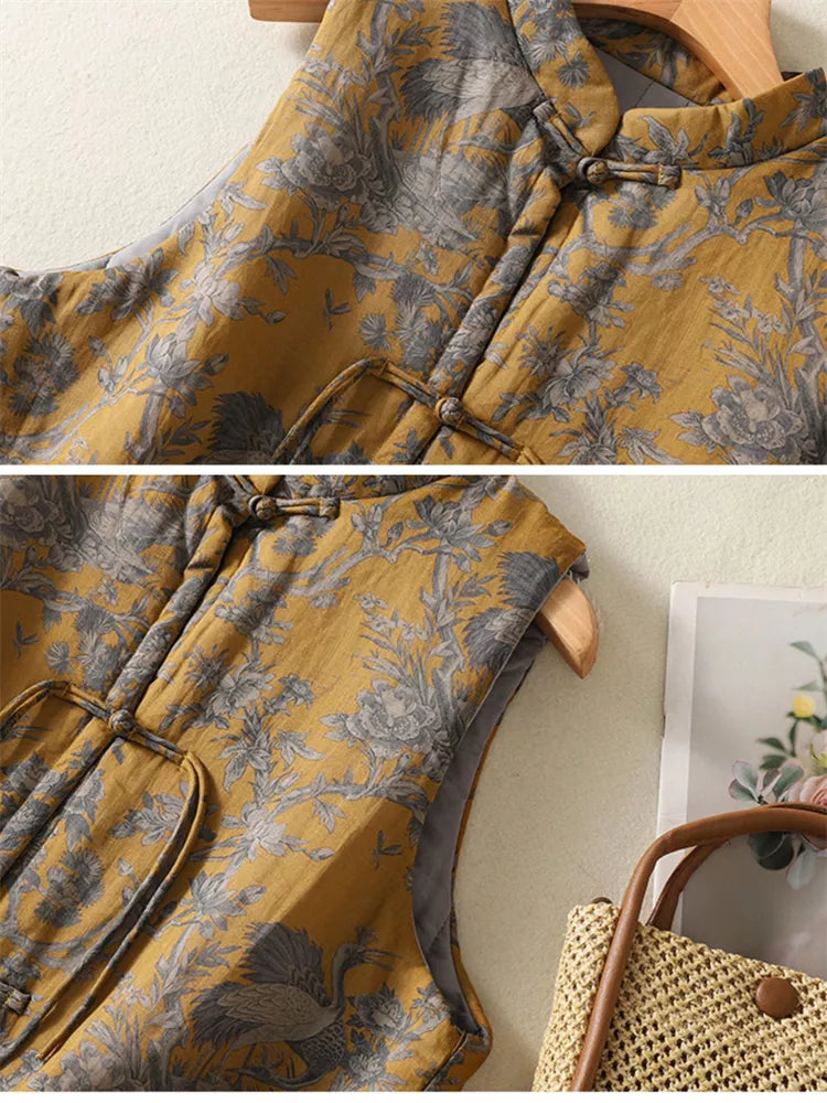 Oriental Style Floral Quilted Vest - Mandarin Collar Zen Cotton Gilet