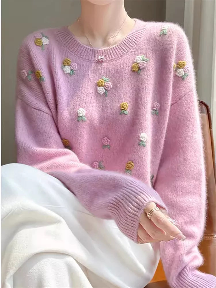 Women's Sweet 3D Floral Embroidered Soft Cream Knitted Sweater