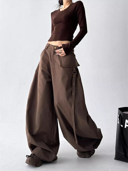 Black Classic High-Waist Wide-Leg Cargo Pants for Women