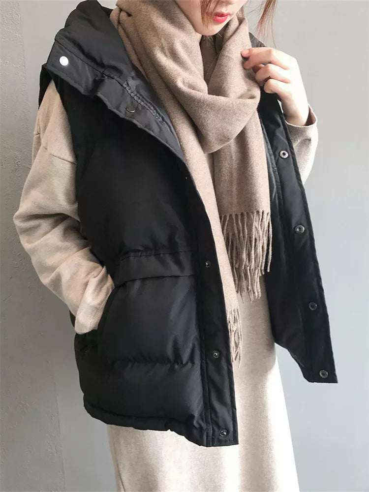 Women's Cream Beige Puffer Vest with Drawstring Waist Stand Collar