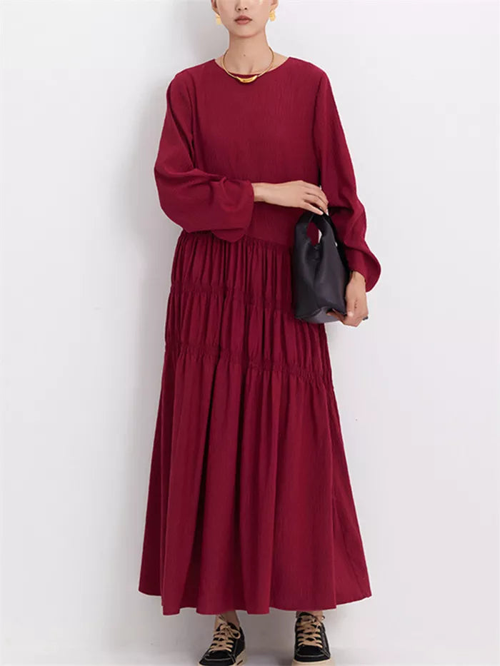 Women's Burgundy Crinkled Texture Maxi Dress