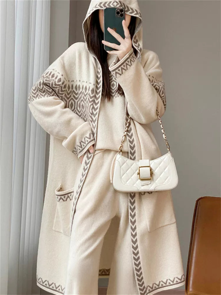 Women's Beige Geometric Jacquard Hooded Long Cardigan