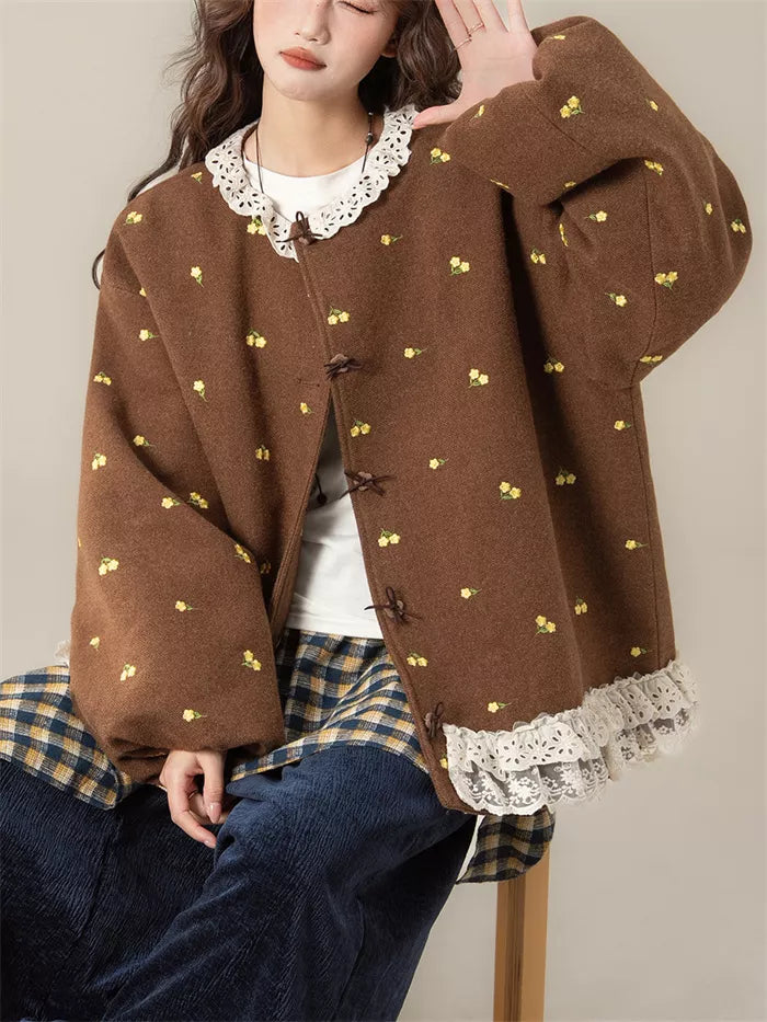 Women's French Sweet Coffee Brown Floral Embroidered Wool Blend Jacket with Lace Trim