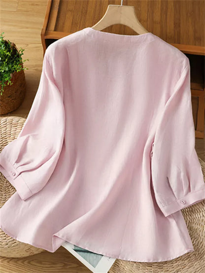 Women's Artistic Light Blue Ramie Blouse Floral Embroidered V-Neck Shirt Beaded Linen Top