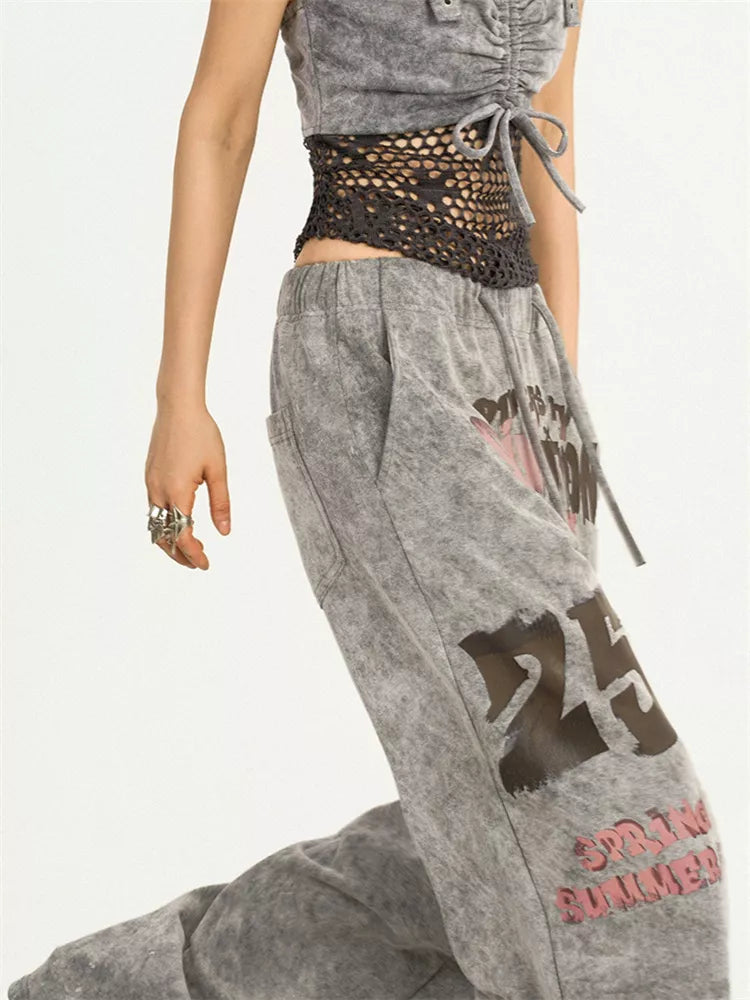 Women's Y2K Acid Wash Grey Sweatpants Graffiti Letter Print Baggy Joggers