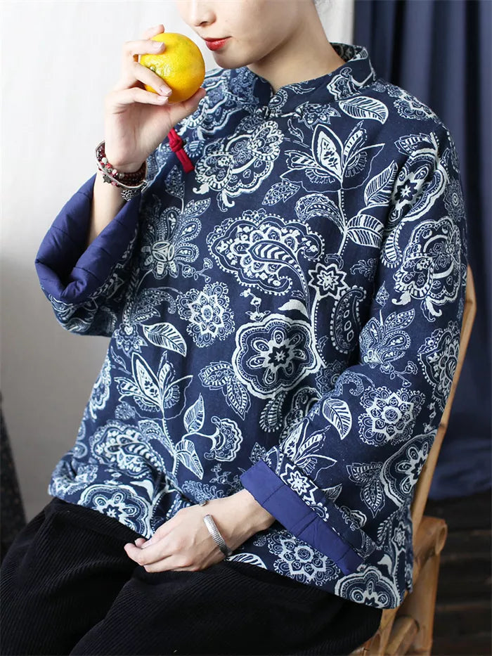 Women's Vintage Chinese Style Blue Floral Padded Jacket Cotton Linen Frog Button Short Coat