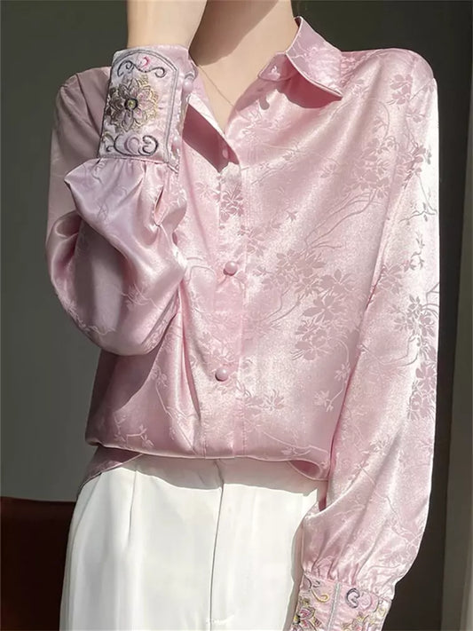 Vintage Pink Oriental Jacquard Blouse with Acetate Satin Finish