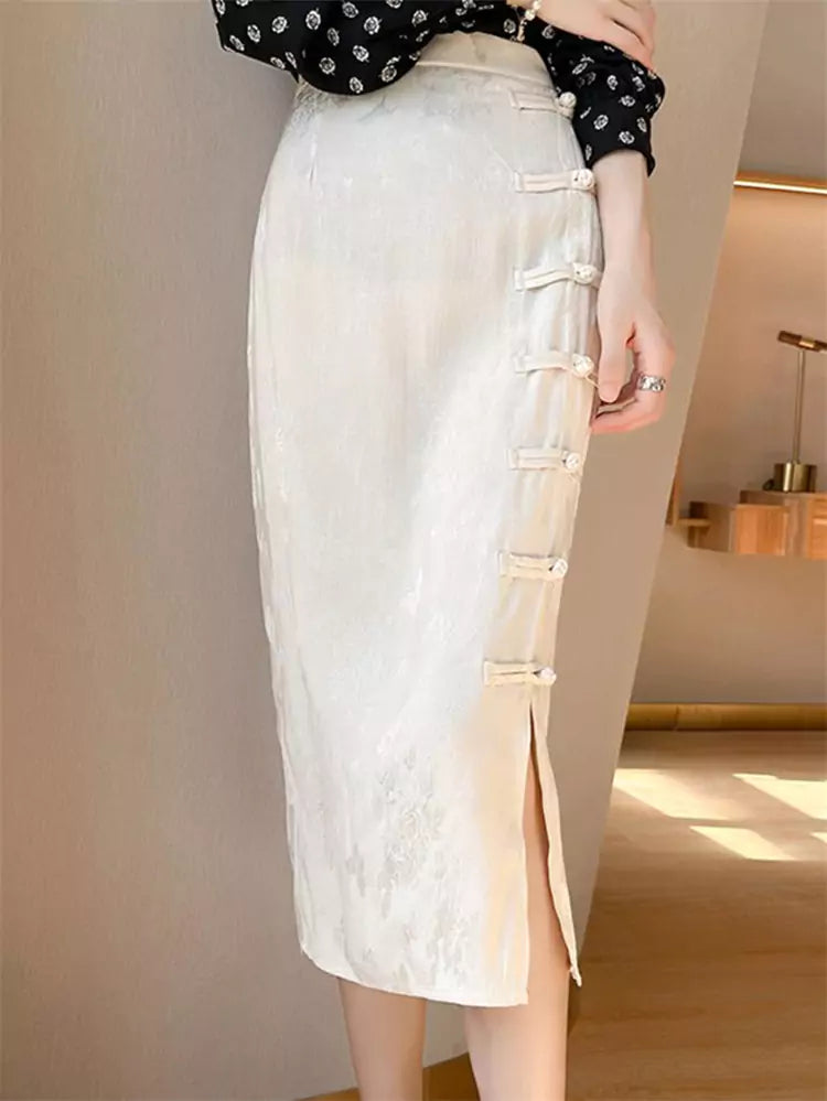 High-Waist White Satin Jacquard Pencil Skirt with Frog Buttons and Slit