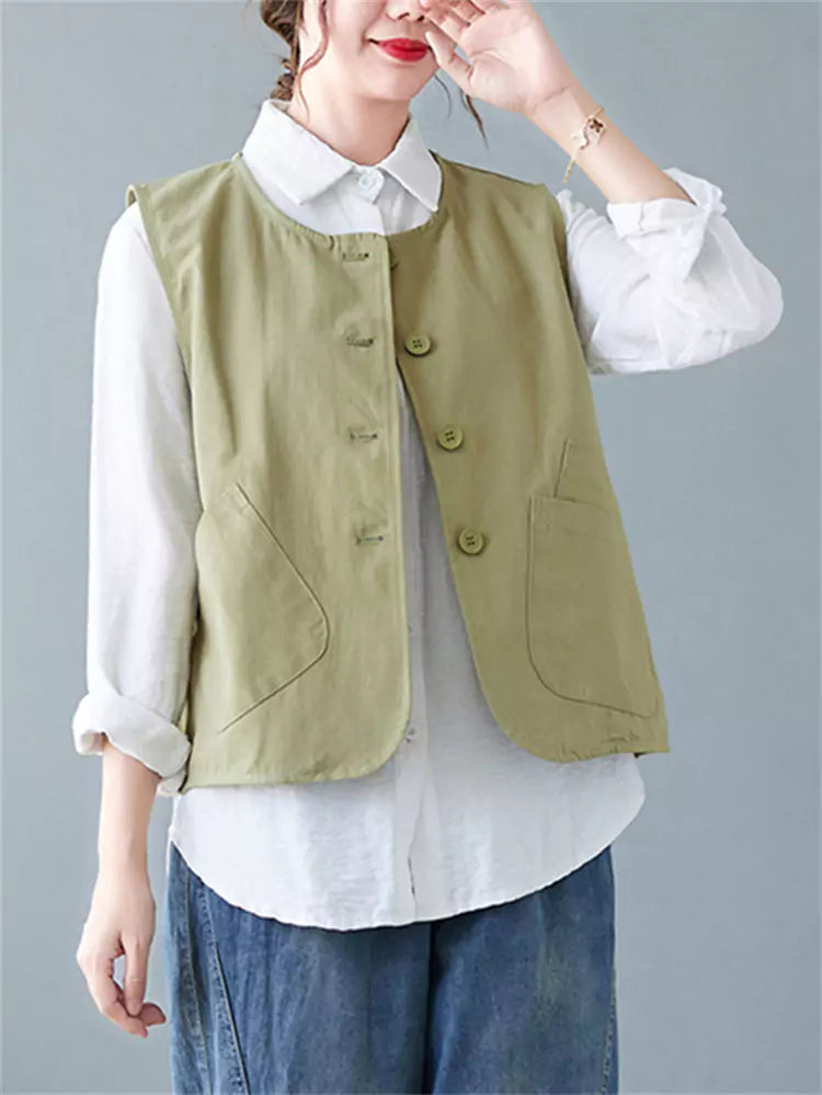 Plus Size Solid Color Casual Vintage Utility Vest for Women