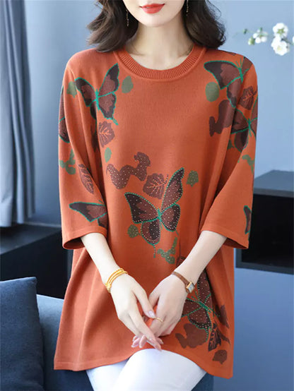 Top de punto estampado con cuello redondo y manga corta para mujer, de talla grande y moderno