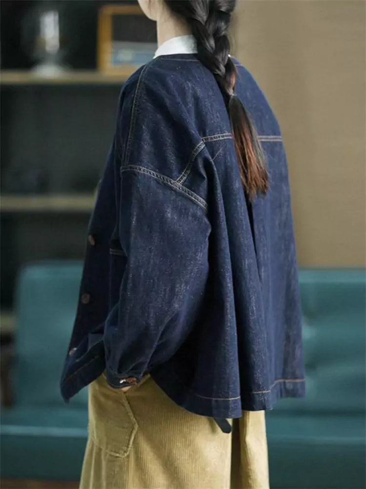 Vintage Artistic Washed Round Neck Cotton Denim Jacket for Women